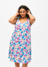 Wiskozowa letnia sukienka na ramiaczkach, Multi Flower AOP, Model