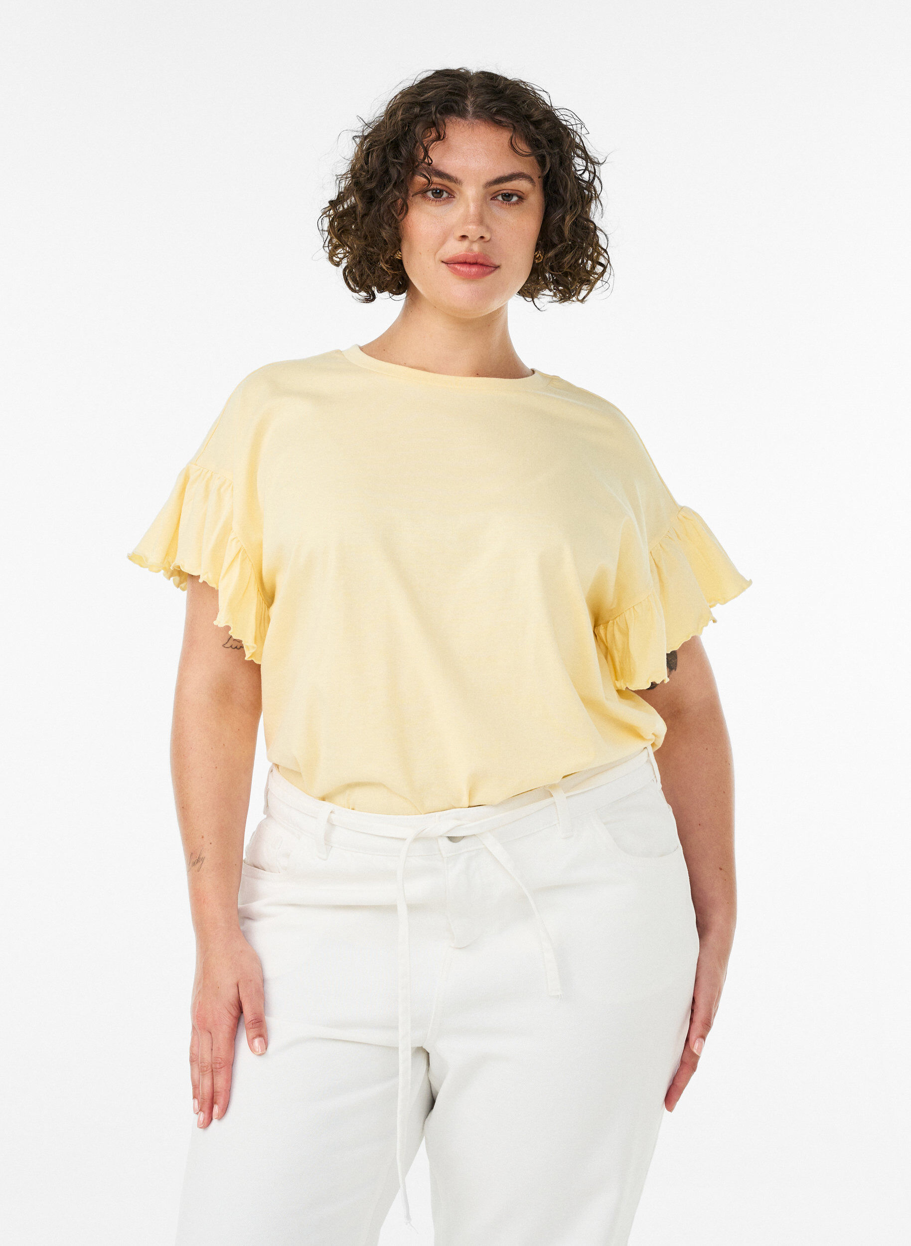 T-shirt z bawelny organicznej z bufiastymi rekawami, Ż&oacute;łty, Model