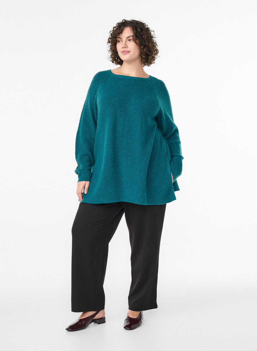 Sweter z dzianiny z ukosnym wzorem i rekawami raglanowymi, Zielony, Model image number 1