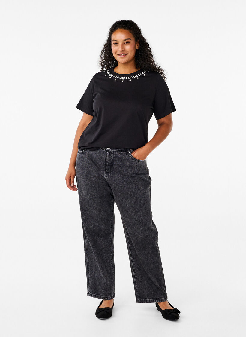 T-shirt z okraglym dekoltem i dzetami, Black, Model image number 2