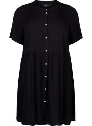 Trapezowa sukienka z wiskozy z krótkimi rekawami, Black, Packshot image number 0
