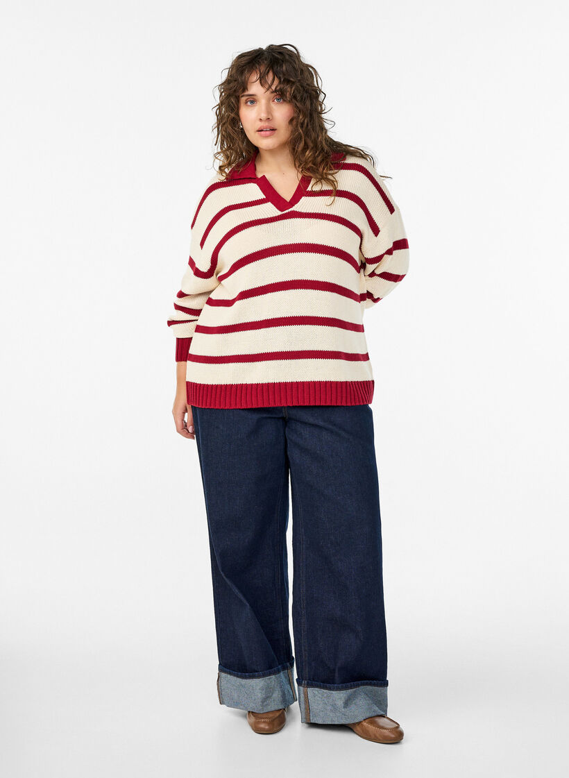 Bluzka z dzianiny w paski z kolnierzykiem polo, Biały, Model image number 1