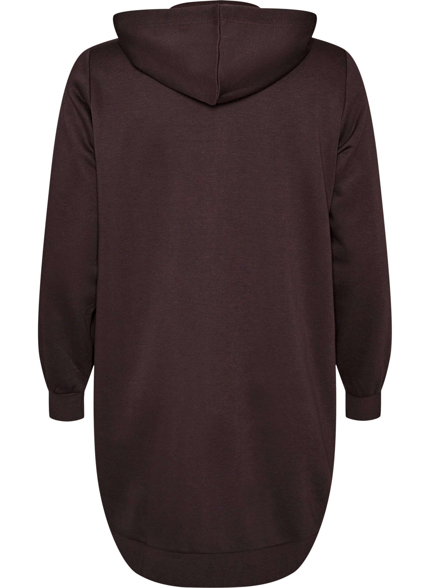ZizziDluga bluza z kapturem, zamkiem blyskawicznym i kieszeniami, Brązowy, Packshot image number 1