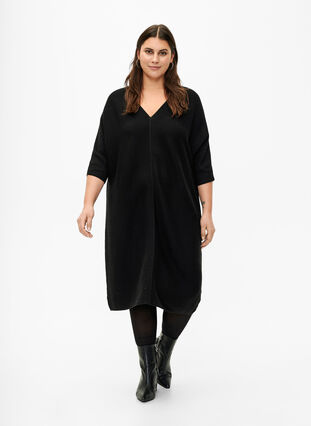 Prazkowana sukienka z rekawem 3/4, Black, Model image number 2