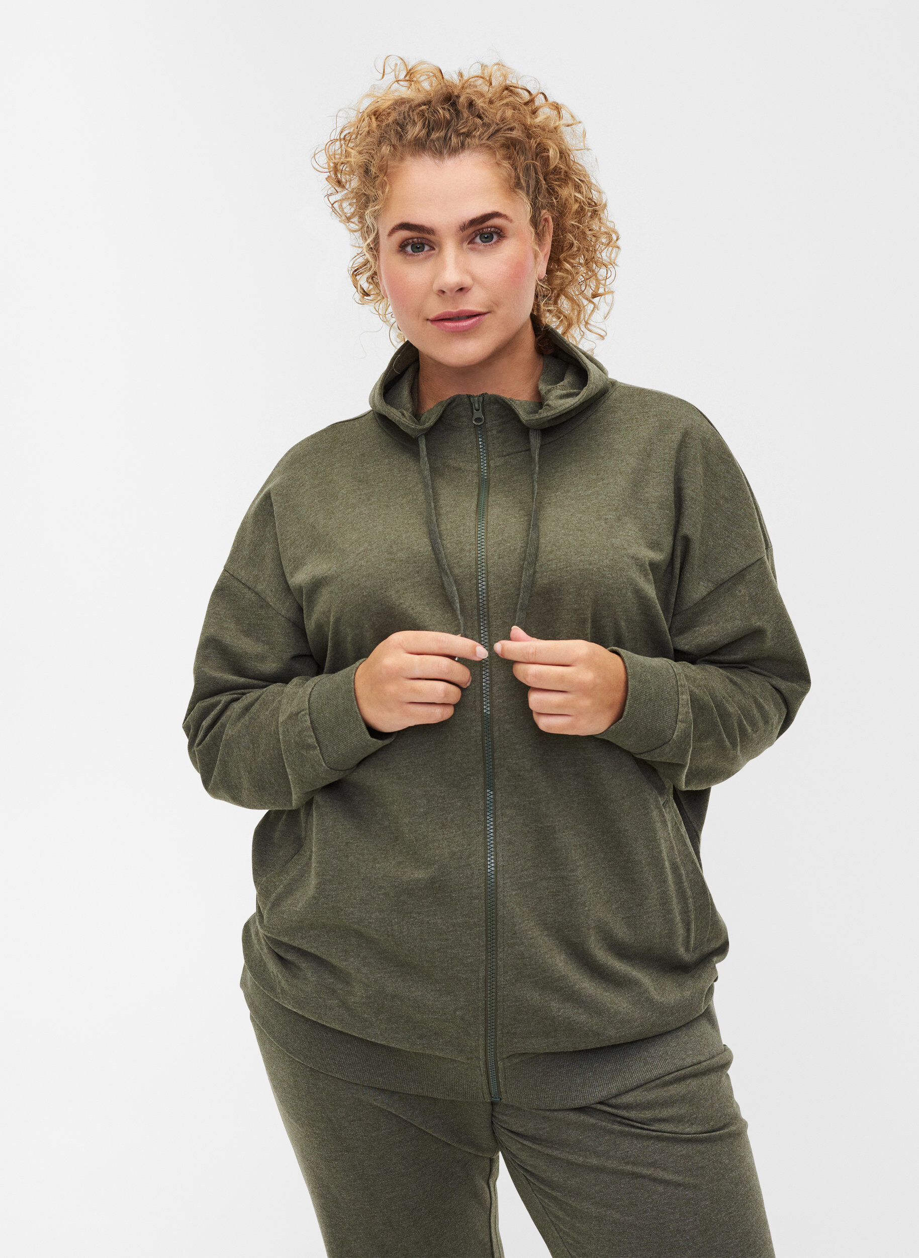 Zizzi Sweater cardigan with a zip and hood, Forest Night, Model image number 0