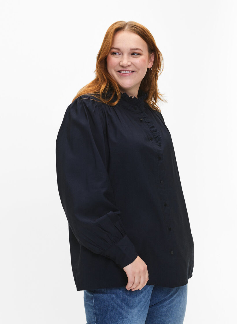 Wiskozowa bluzka koszulowa z marszczeniami, Sky Captain, Model image number 0