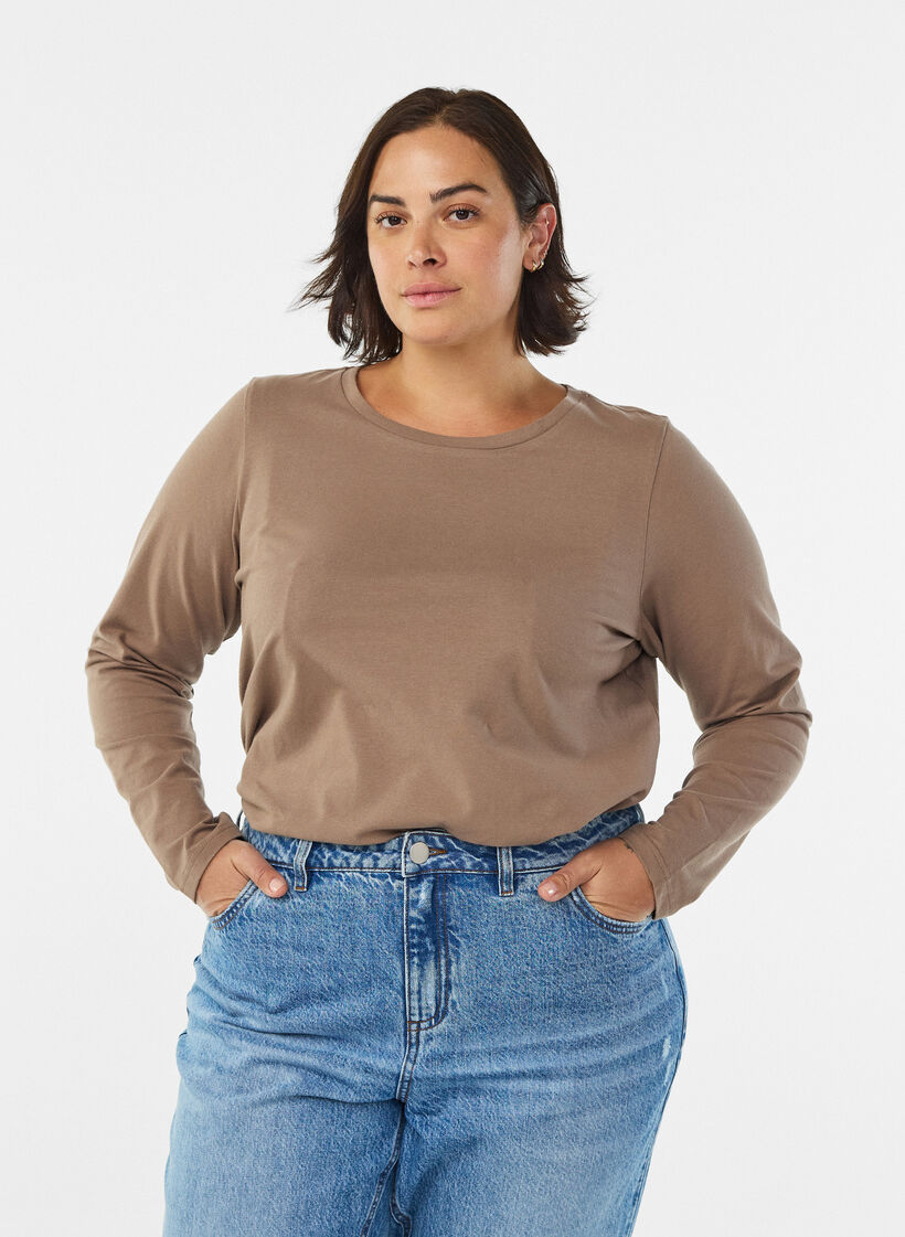 Podstawowa bluzka z dzerseju z dlugim rekawem, Brązowy, Model image number 0