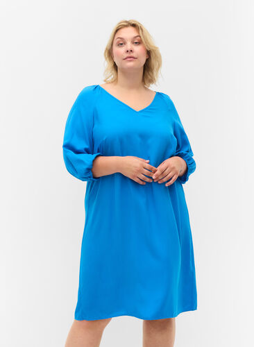 Wiskozowa sukienka z dekoltem w szpic, Indigo Bunting, Model image number 0