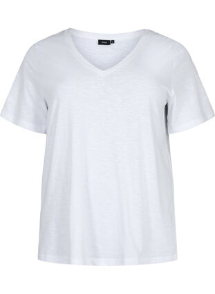 Podstawowa koszulka z krótkim rekawem i dekoltem w szpic, Bright White, Packshot image number 0