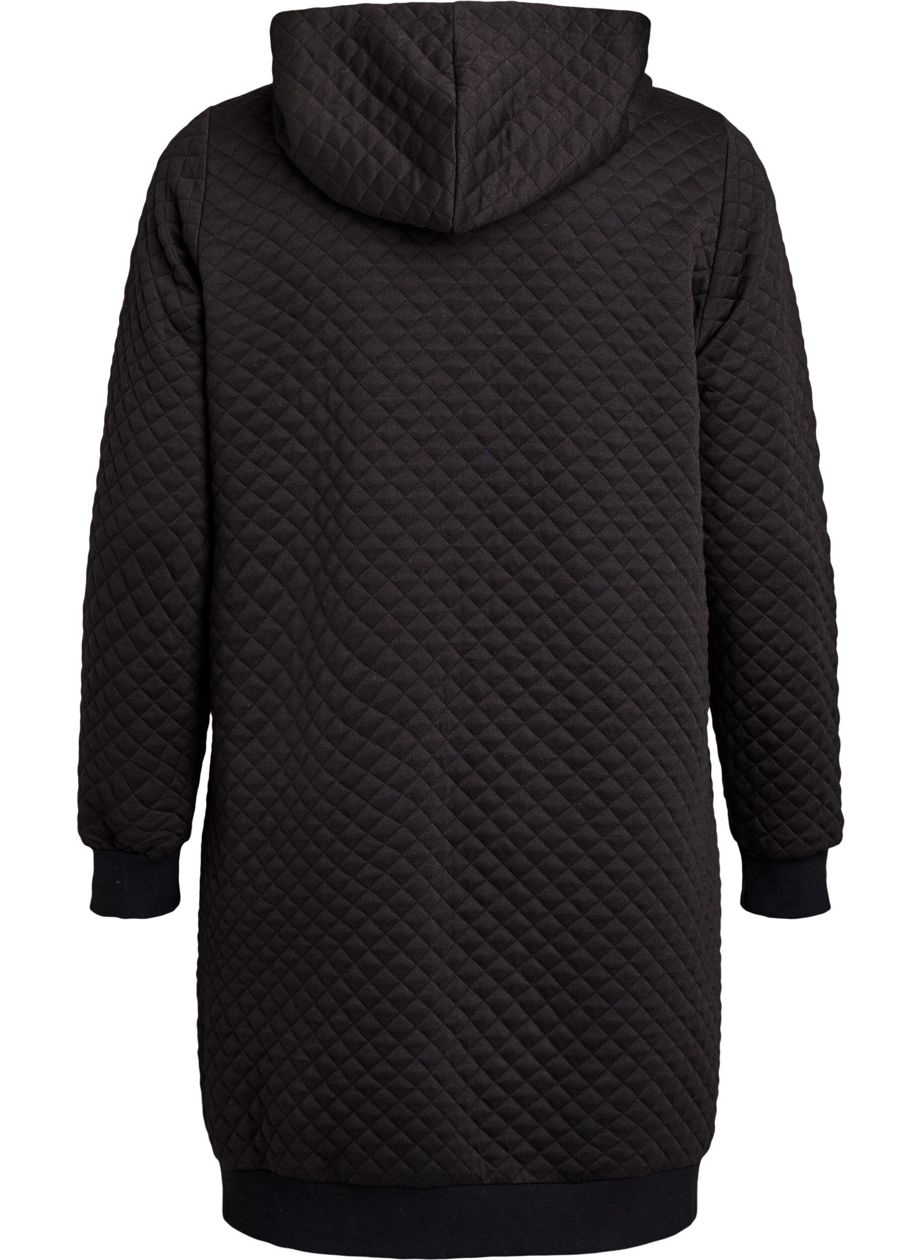 Zizzi Dluga, pikowana bluza z kapturem na zamek z kieszeniami, Czarne, Packshot image number 1