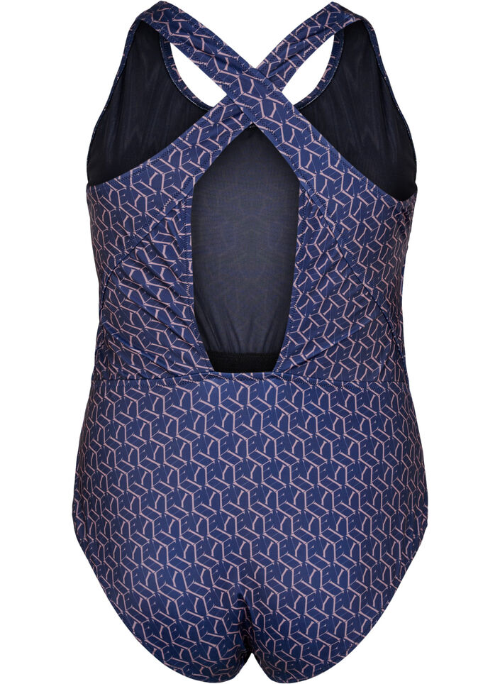 Swimsuit with print and crossed back, Text Print, Packshot image number 1