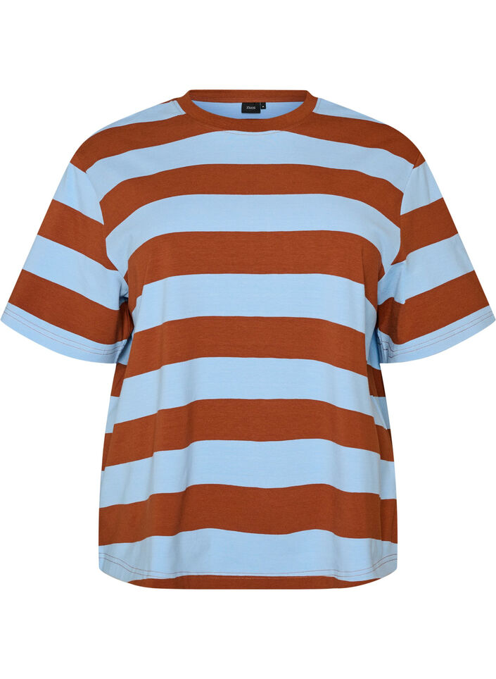 T-shirt w rozmiarze oversize z paskami i rekawami 1/2, Niebieskie, Packshot image number 0