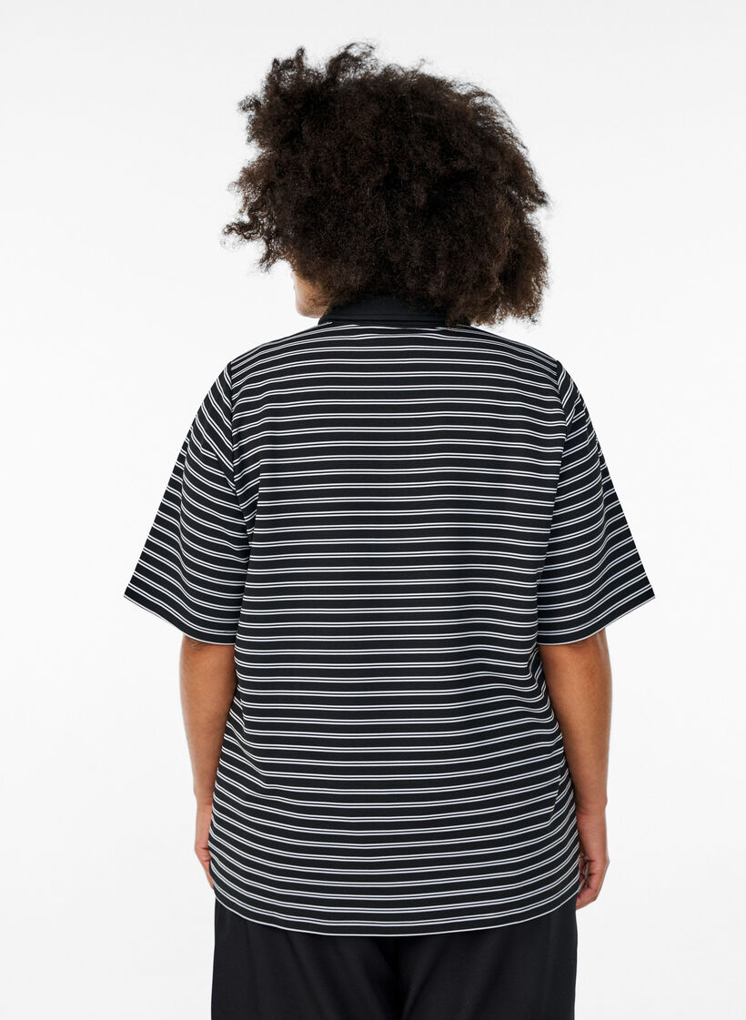Koszulka polo w paski z krótkimi rekawami i guzikami, Czarne, Model image number 2