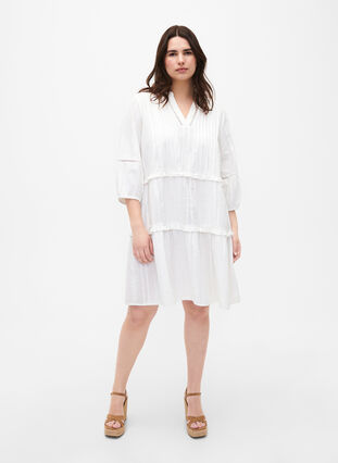 Bawelniana sukienka z rekawem 3/4 i marszczeniami, Bright White, Model image number 2