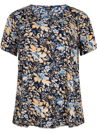 Flash – bluzka z krótkim rekawem i nadrukiem, Brown Blue Flower, Packshot image number 0