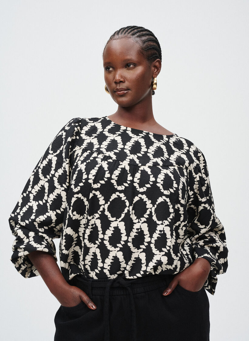 Bluzka z dlugimi rekawami, nadrukiem i kokardkami, Czarne, Image image number 0