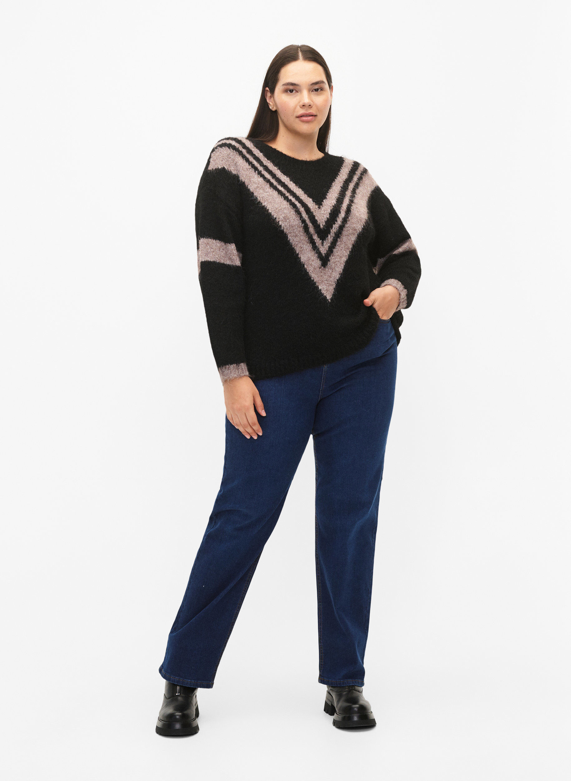 Zizzi Dzianinowy sweter w paski, Black Comb, Model image number 2