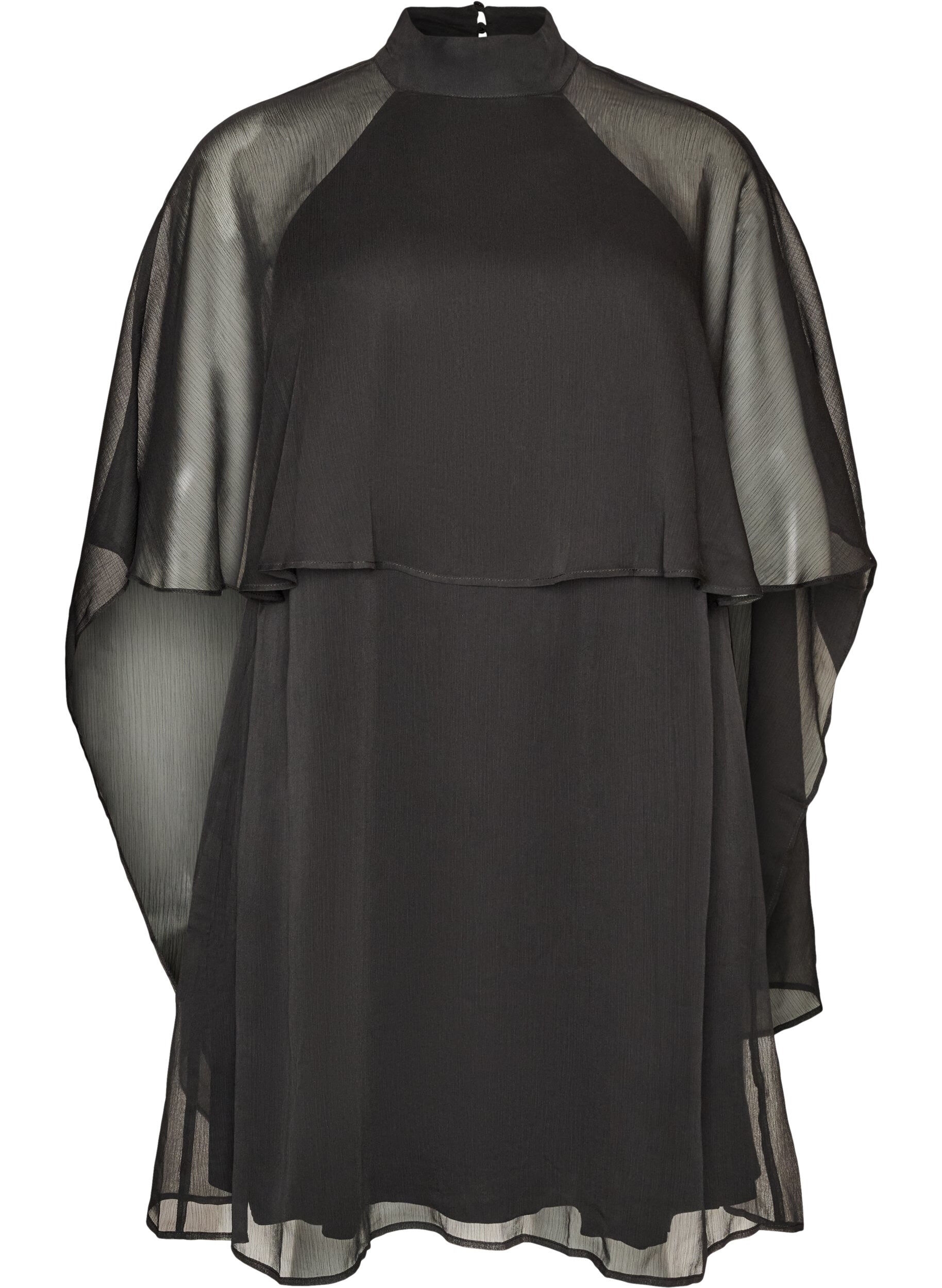 ZizziSzyfonowa sukienka do kolan z p&oacute;lprzezroczysta peleryna, Czarne, Packshot image number 0
