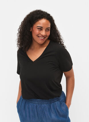 T-shirt z krótkim rekawem i dekoltem w szpic, Black, Model image number 0