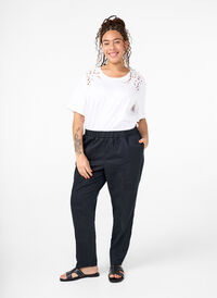Bawelniano-lniane spodnie z kieszeniami, Black, Model