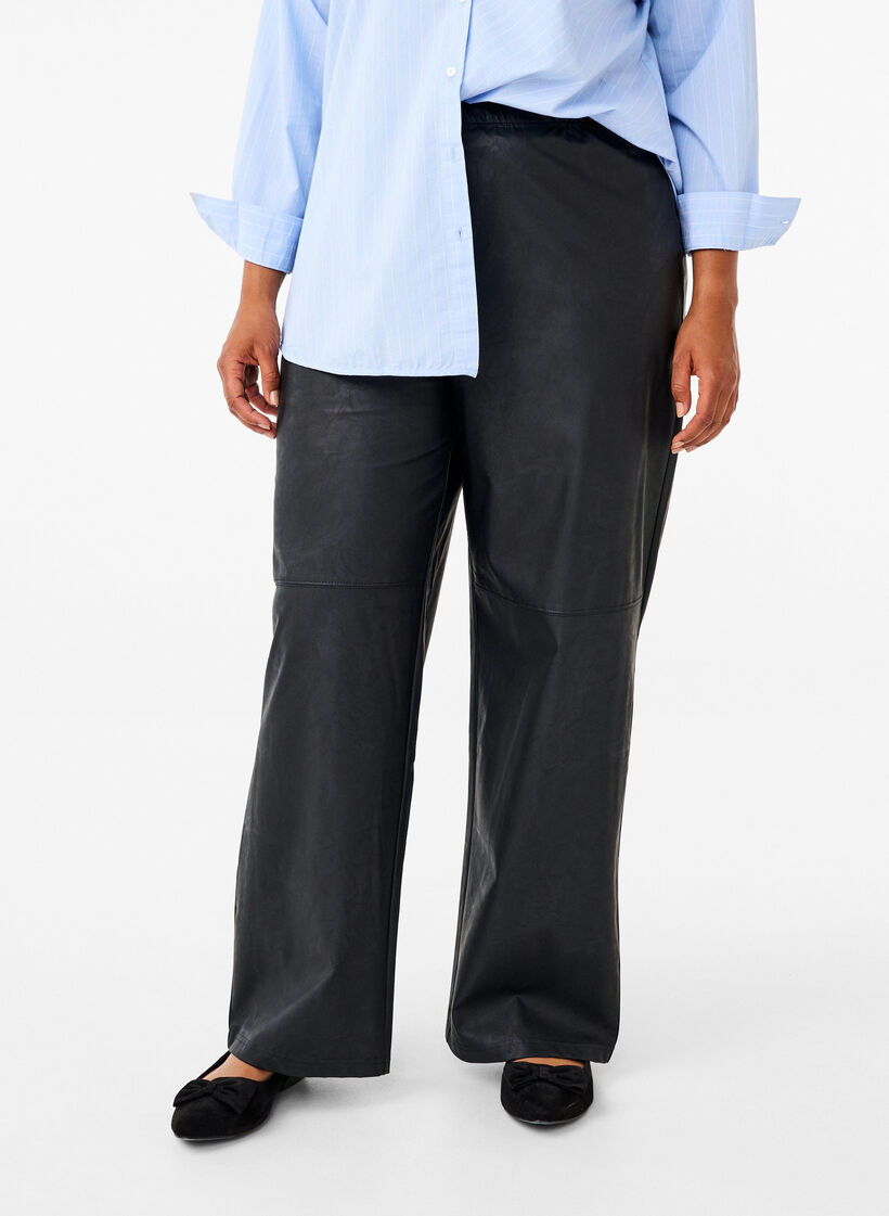 Luzne spodnie ze sztucznej skóry z elastycznym paskiem, Black, Model image number 2