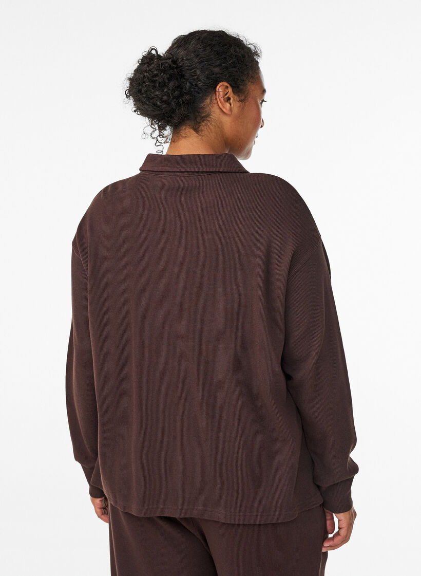 Koszula polo z dlugim rekawem z prazkowanego dzerseju, Brązowy, Model image number 2