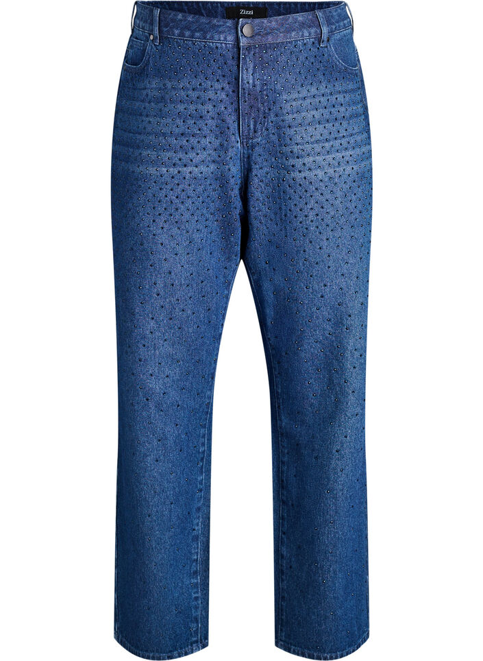 Jeansy o prostym kroju z krysztalkami i wysokim stanem, Niebieskie, Packshot