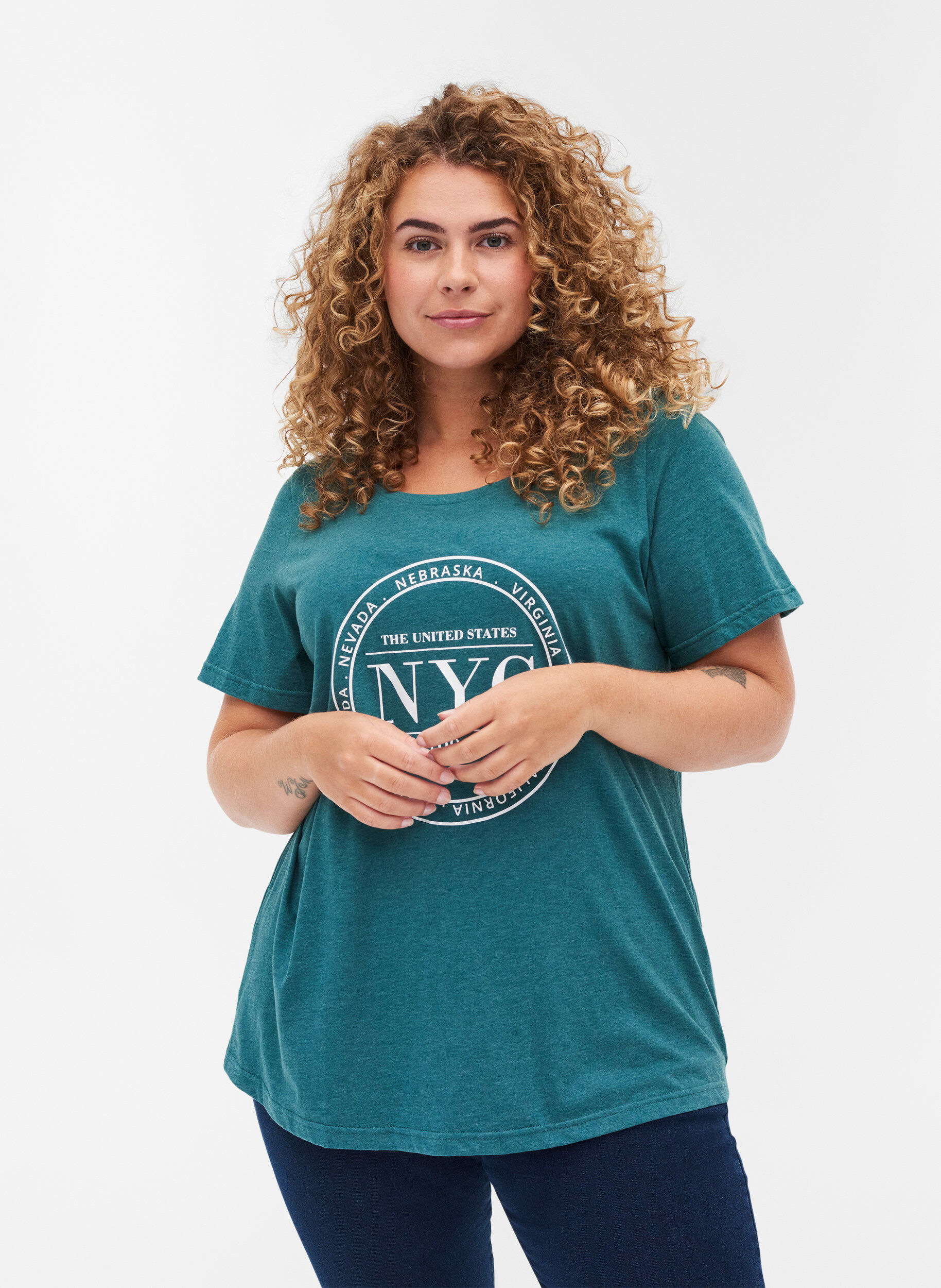 Zizzi Mottled t-shirt with print and short sleeves, Pacific Mel., Model image number 0