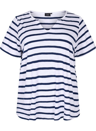 Bawelniana koszulka w paski z dekoltem w szpic, Bright White Stripe, Packshot image number 0