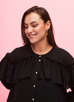  Bluzka koszulowa z falbana i perlowymi guzikami, Black, Model image number 2