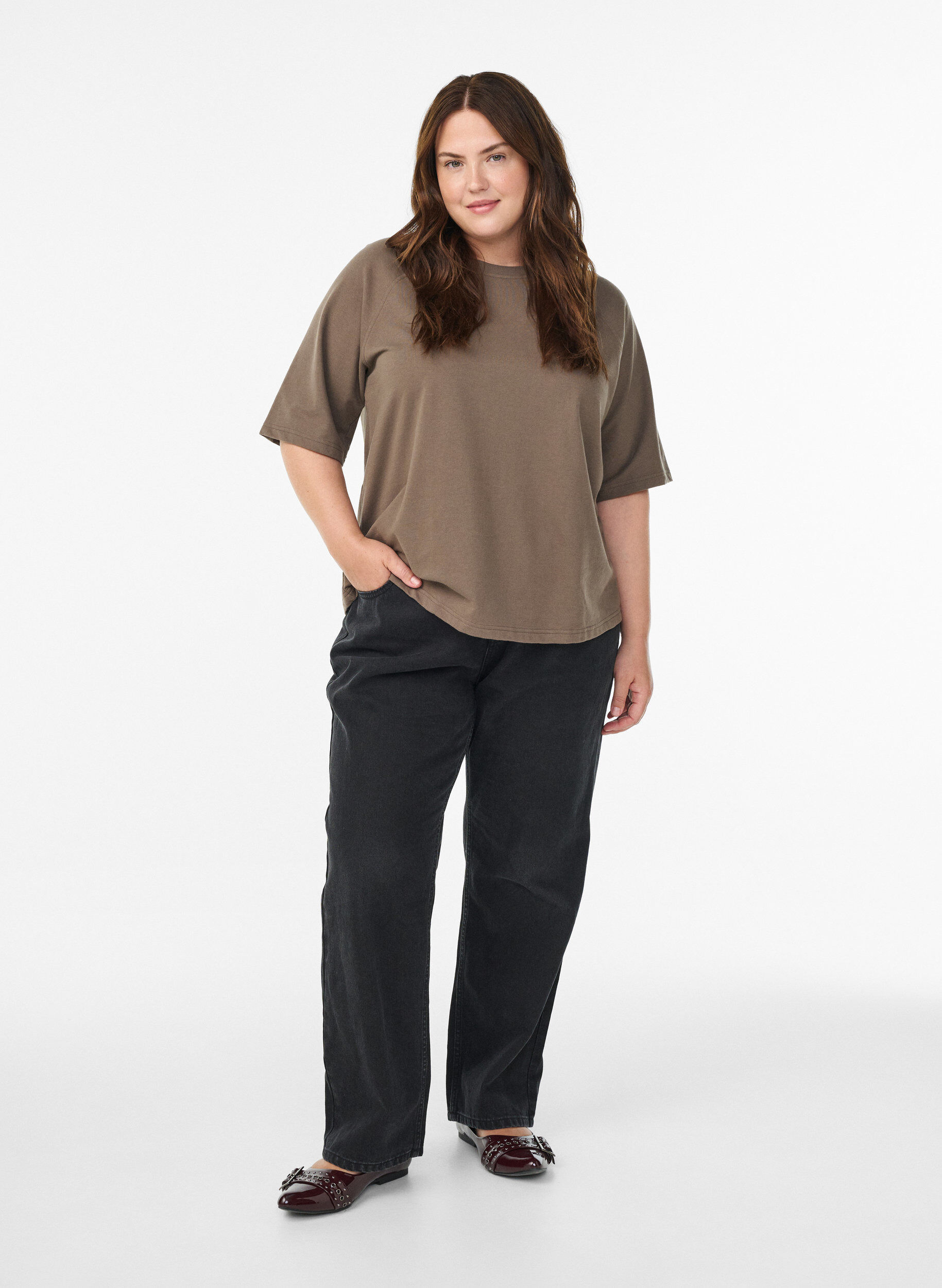 Zizzi Bluzka z dzerseju z raglanowymi rekawami o dlugosci 1/2, Brązowy, Model image number 1