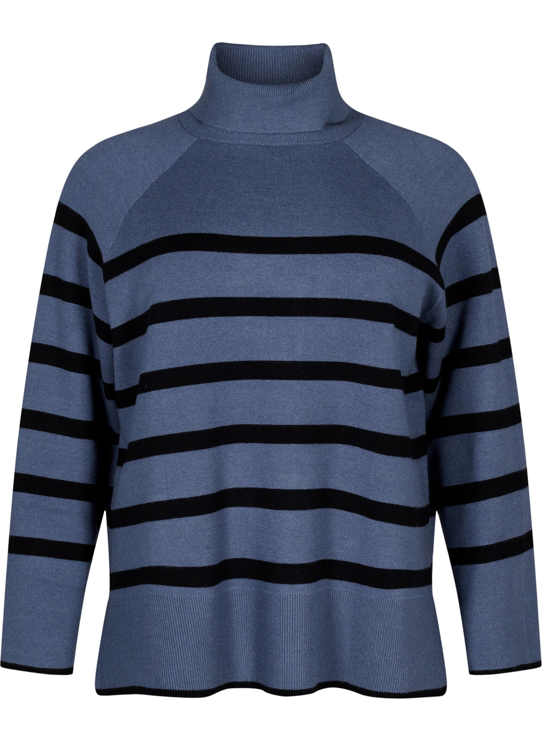 Zizzi Dzianinowy sweter w paski z golfem, B.Sea w.BlackStripes, Packshot image number 0