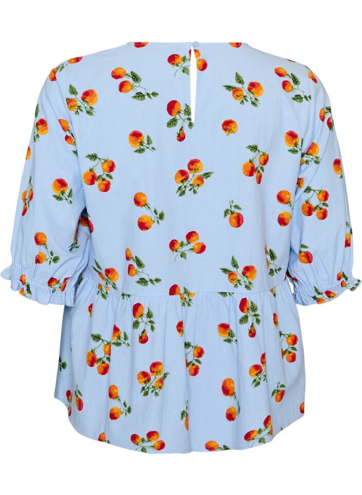 Bluzka bawelniana z nadrukiem pomidor&oacute;w i peplum, Niebieskie, Packshot image number 1