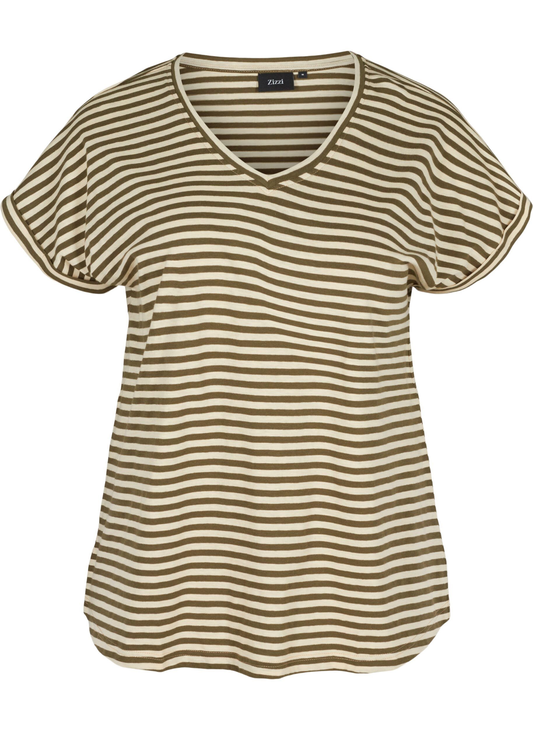 Zizzi Striped cotton t-shirt, Ivy Green Y/D, Packshot image number 0