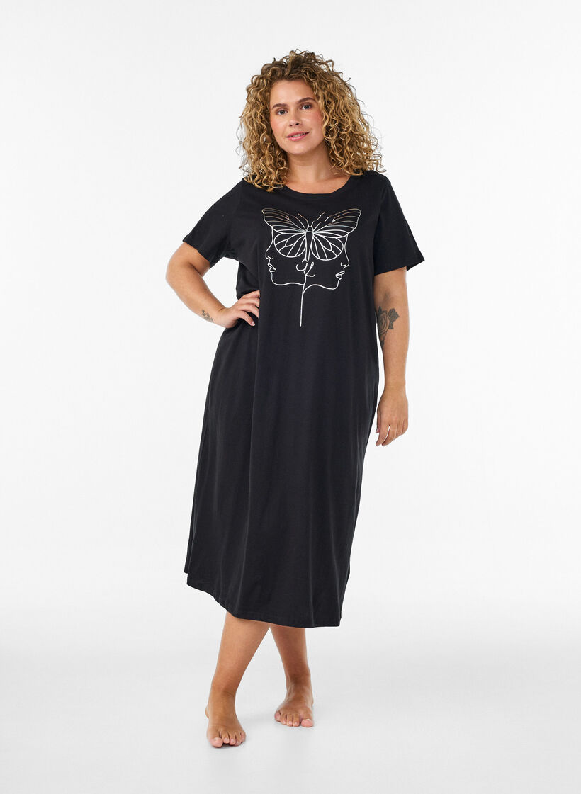 Koszula nocna midi z bawelna organiczna, Czarne, Model image number 0