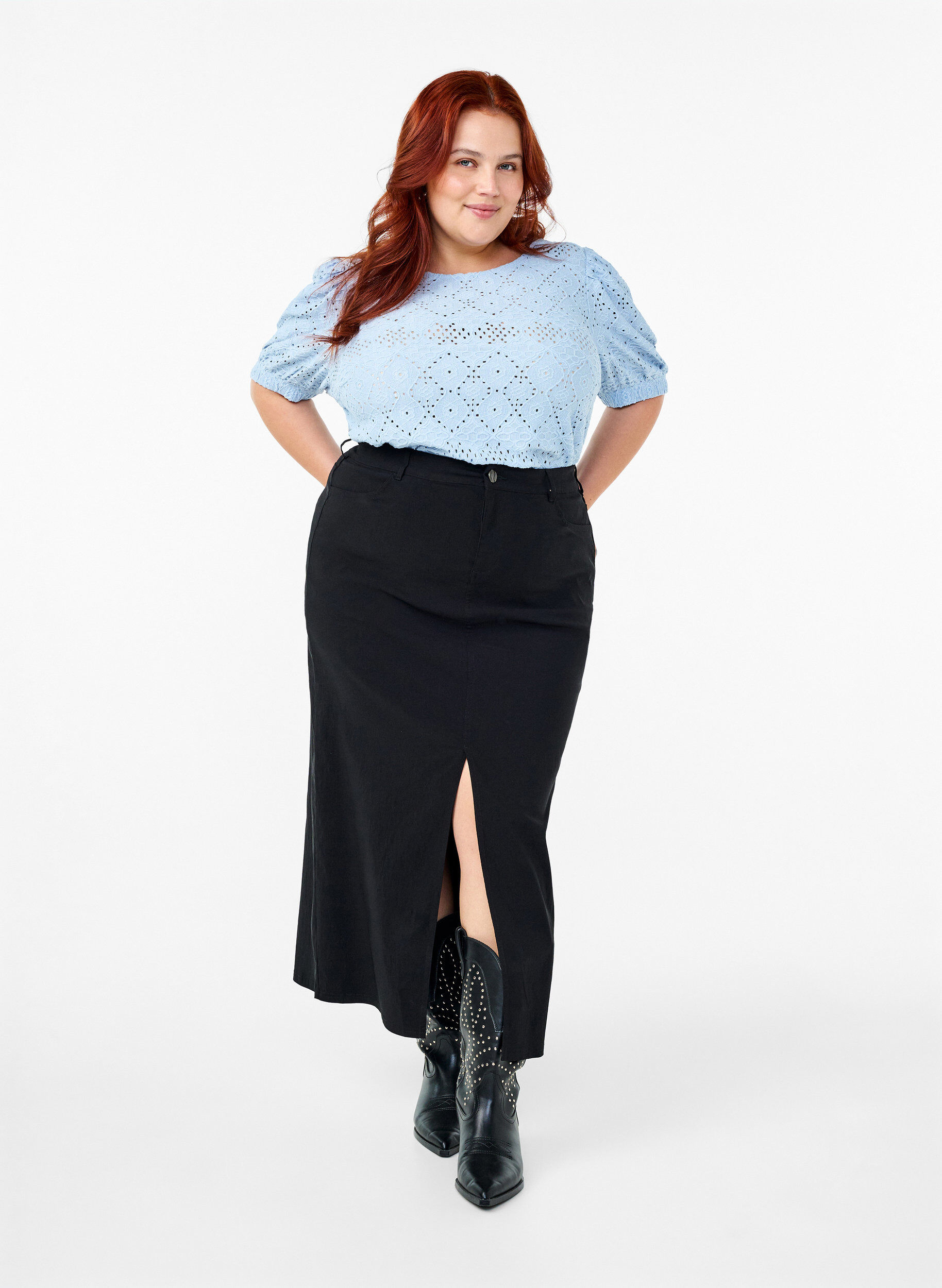 Zizzi Bluzka z kr&oacute;tkim rekawem i koronkowym wzorem, Cashmere Blue, Model image number 2