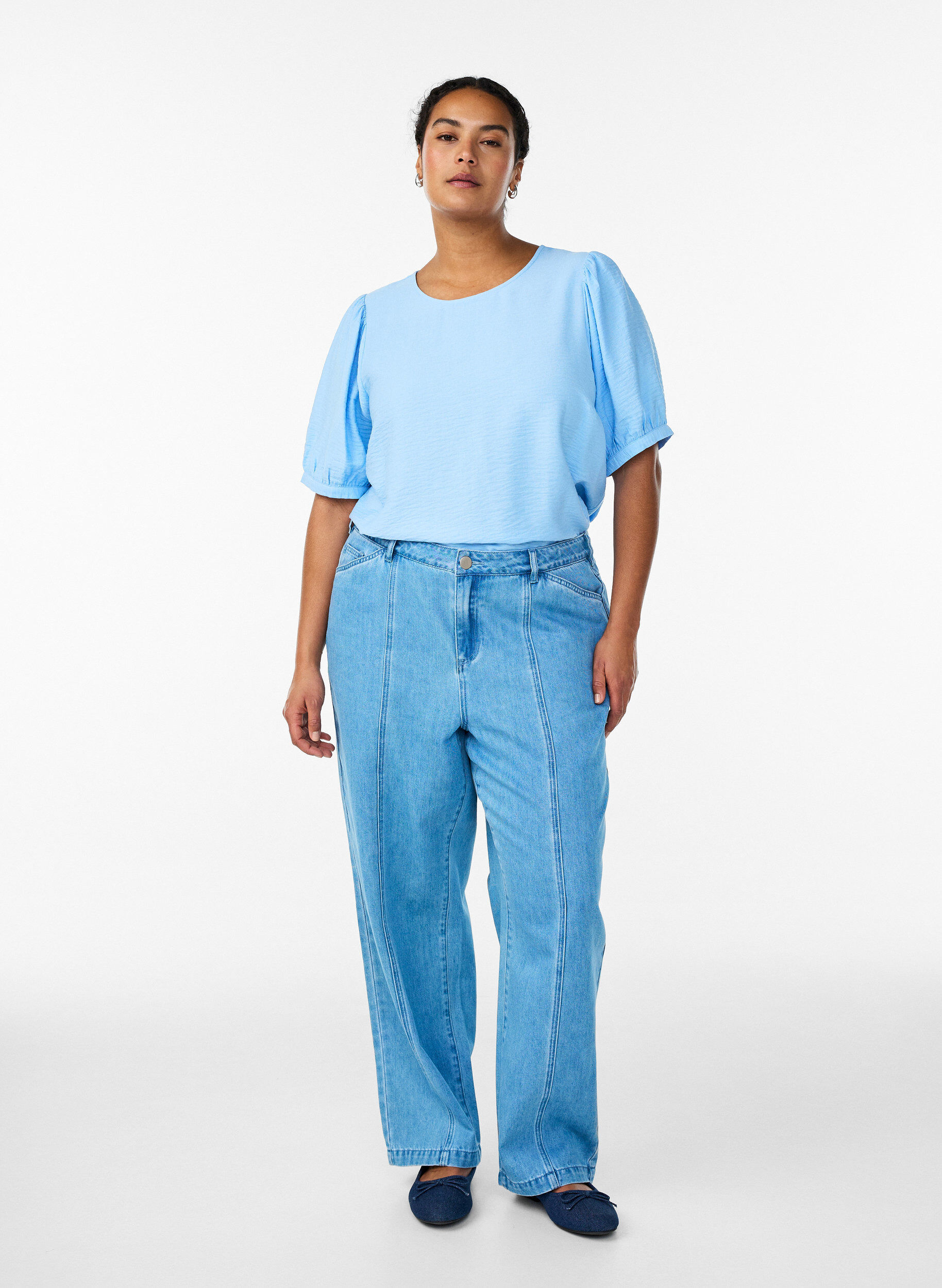 Zizzi Bluzka z wiskozy z rekawami 1/2, Niebieskie, Model image number 1