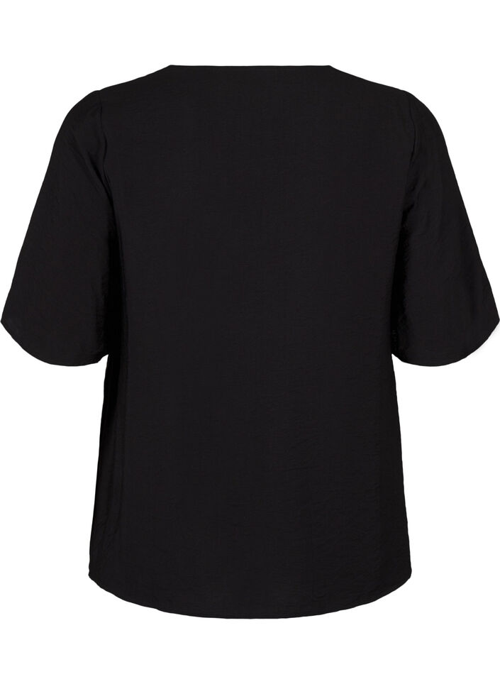 Bluzka z wiskozy z dekoltem w szpic i haftowanym detalem, Czarne, Packshot image number 1