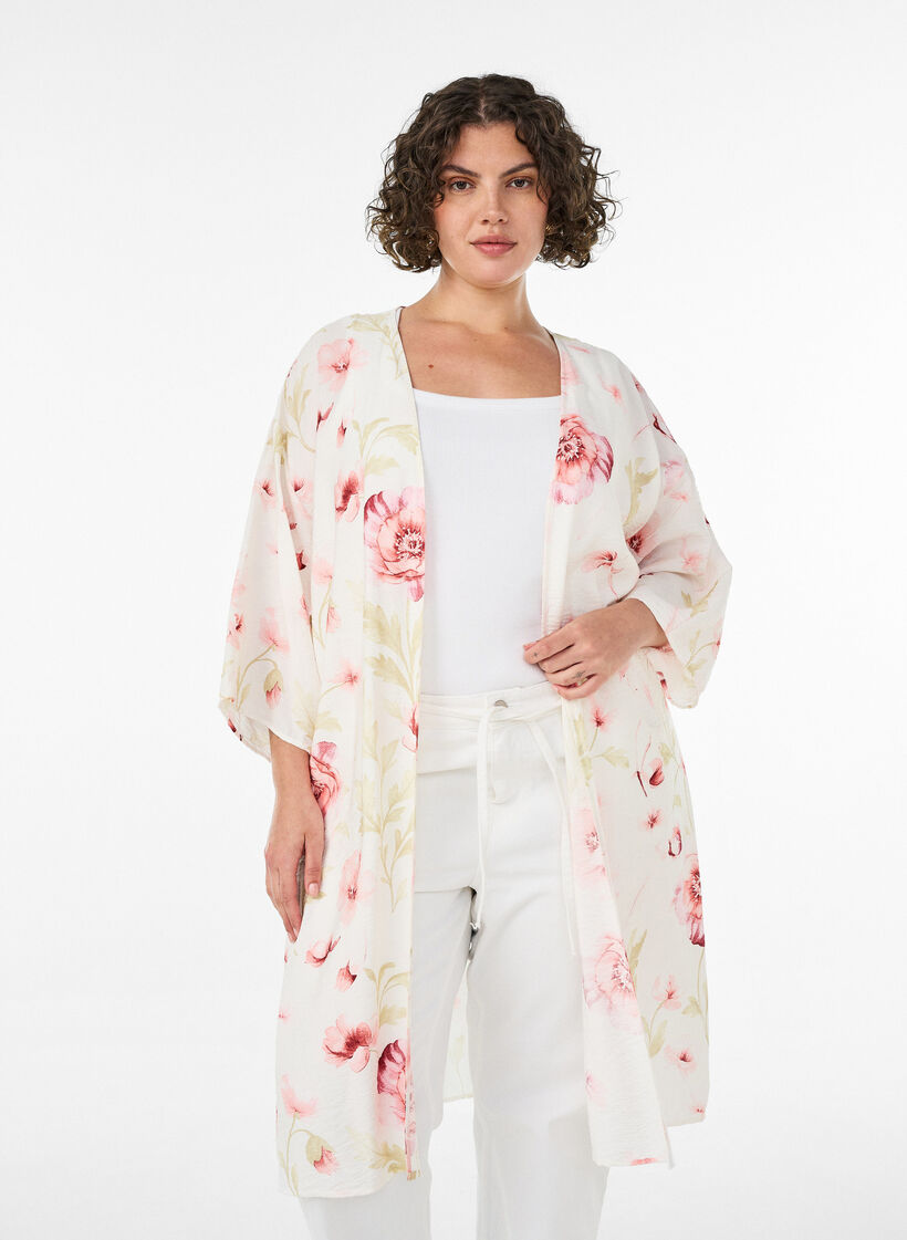 Kimono z wiskozy z rekawami 3/4, R&oacute;żowy, Model image number 0