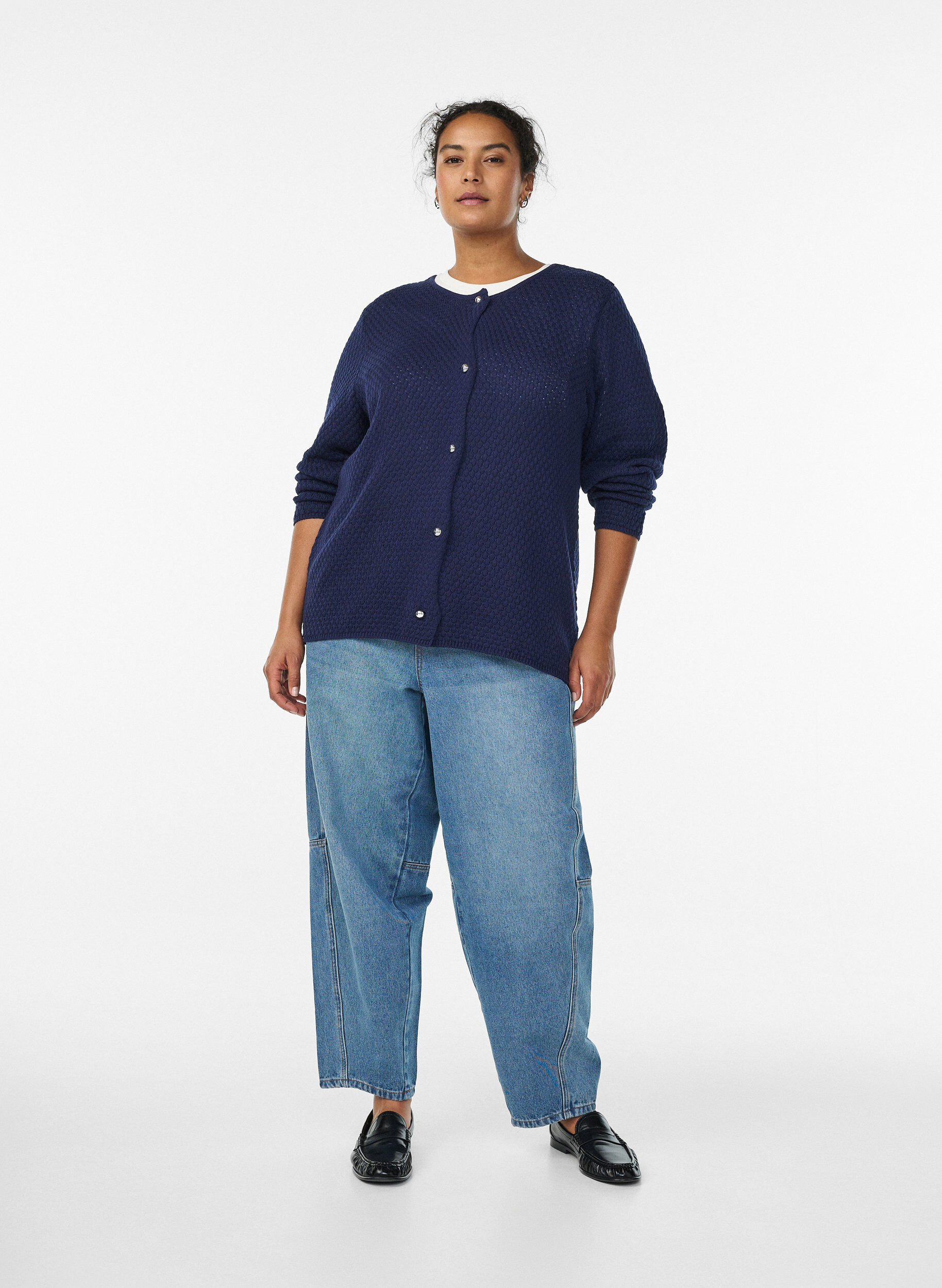 Zizzi Kardigan z dzianiny o strukturalnym splocie i guziki w ksztalcie kulek, Niebieskie, Model image number 1