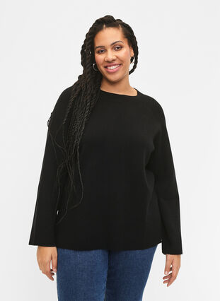 Sweter z mieszanki wiskozy z rozcieciem z boku, Black, Model image number 0