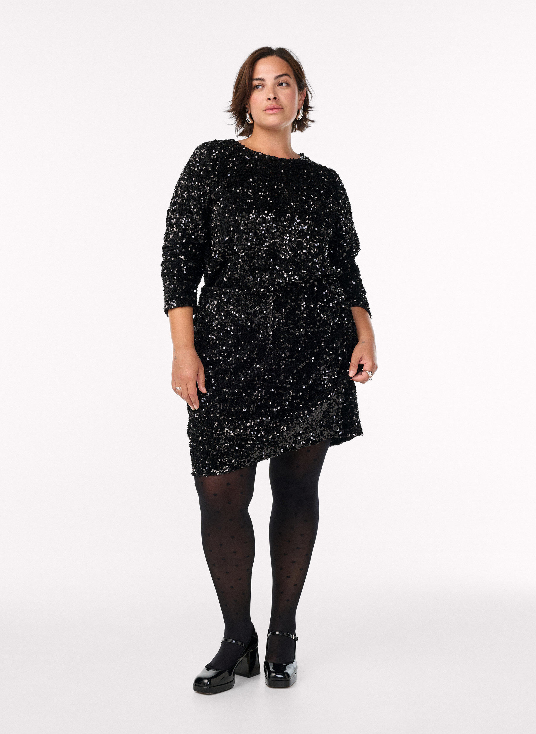 Zizzi Bluzka cekinowa z dlugim rekawem, Czarne, Model image number 1