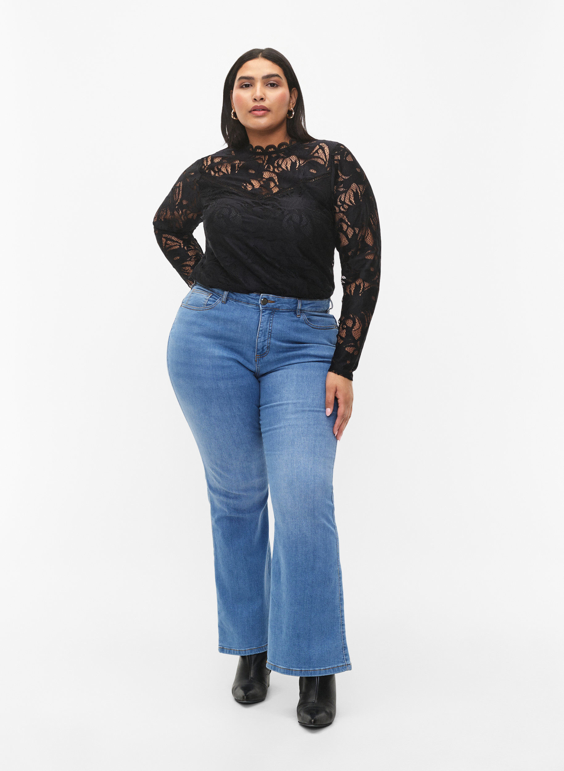 Zizzi Koronkowa bluzka z dlugim rekawem, Black, Model image number 2