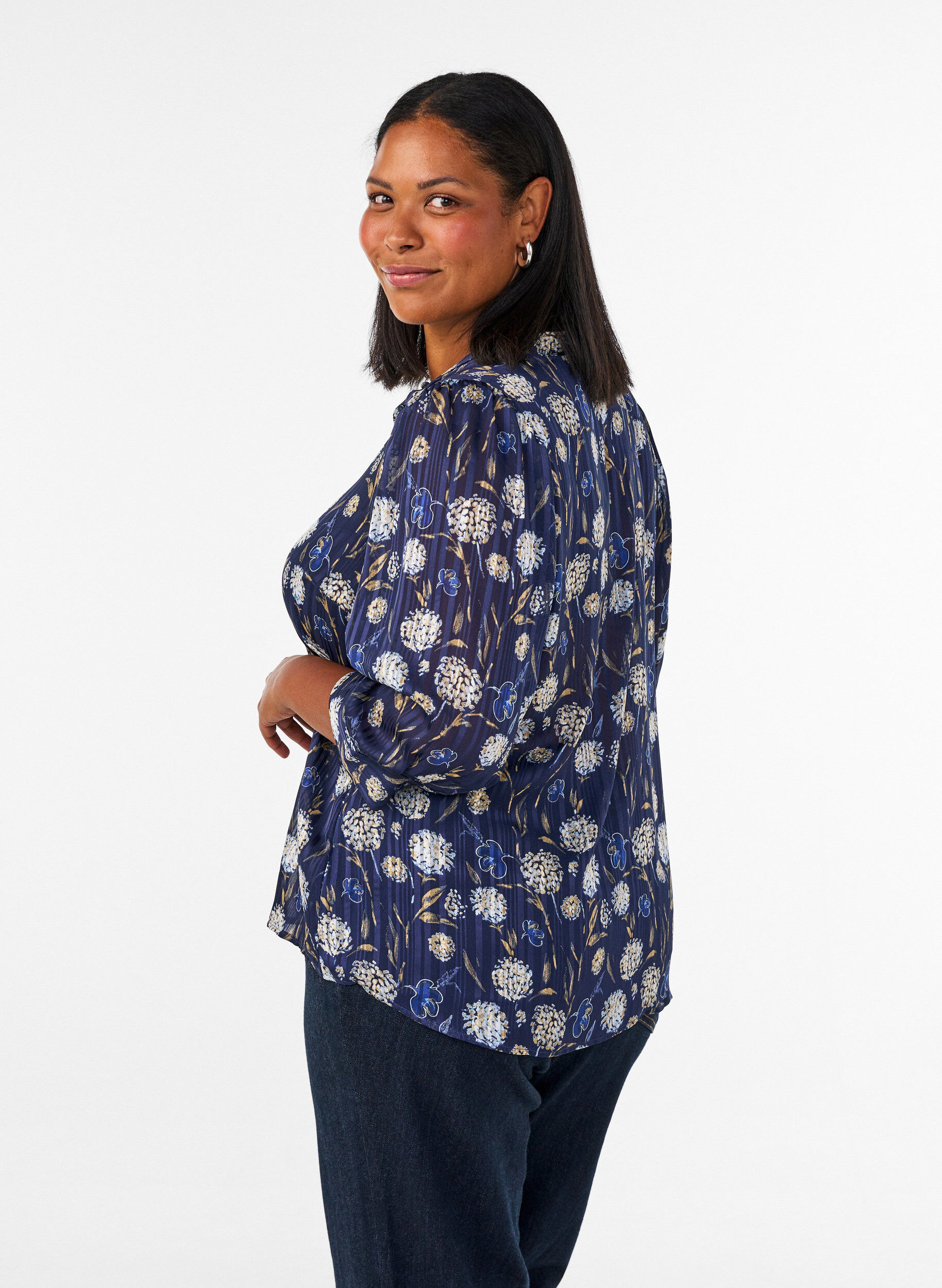 ZizziKoszula w krate z wykladanym kolnierzem i 3/4-sleeves, Niebieskie, Model image number 2