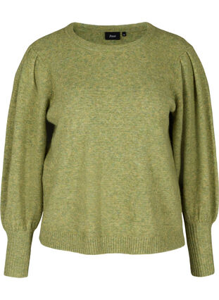 Melanzowy sweter z dzianiny z bufiastymi rekawami, Green Olive Mel., Packshot image number 0