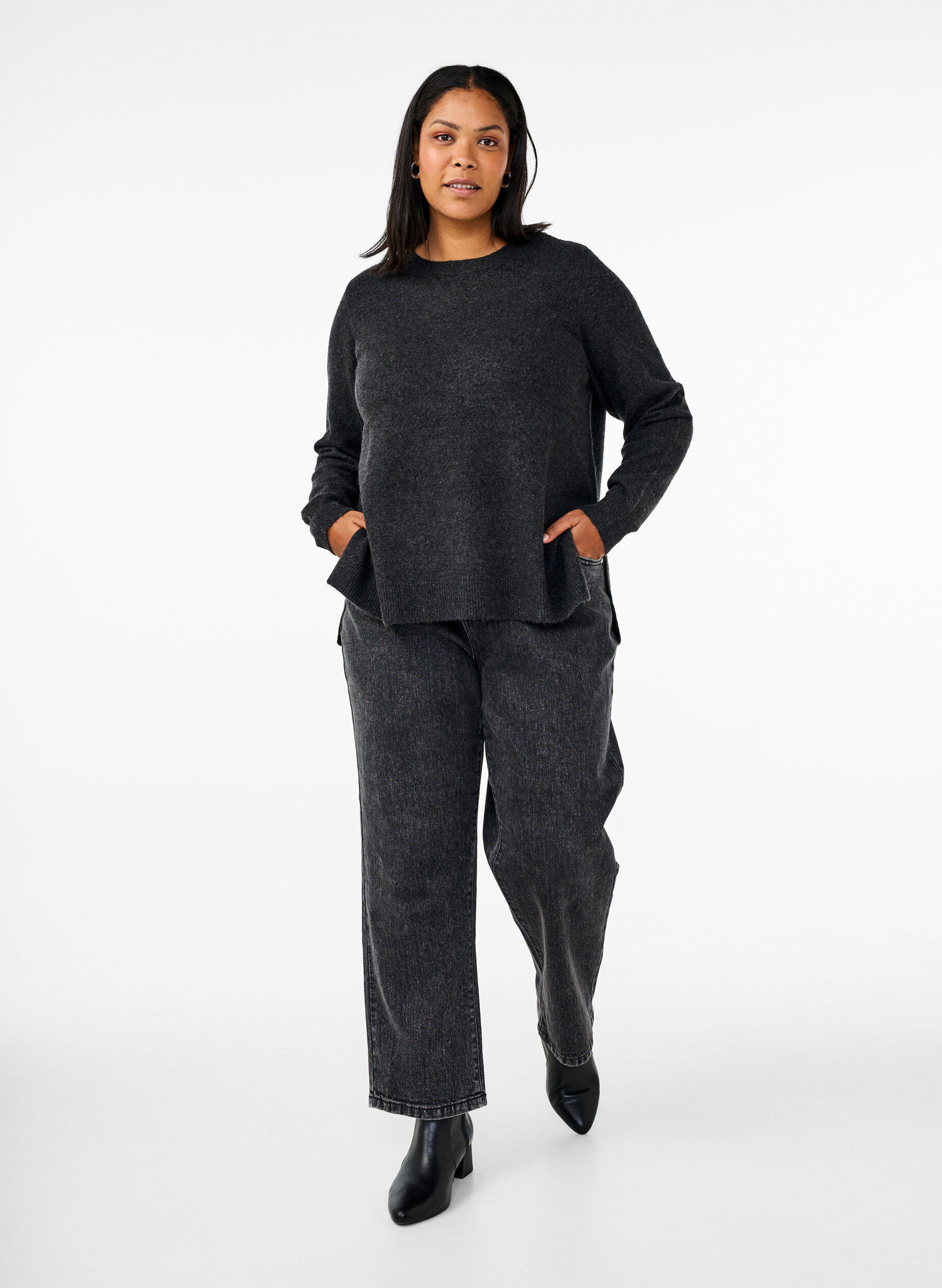 Zizzi Top z dzianiny welnianej z rozcieciami, Dark Grey Melange, Model image number 2