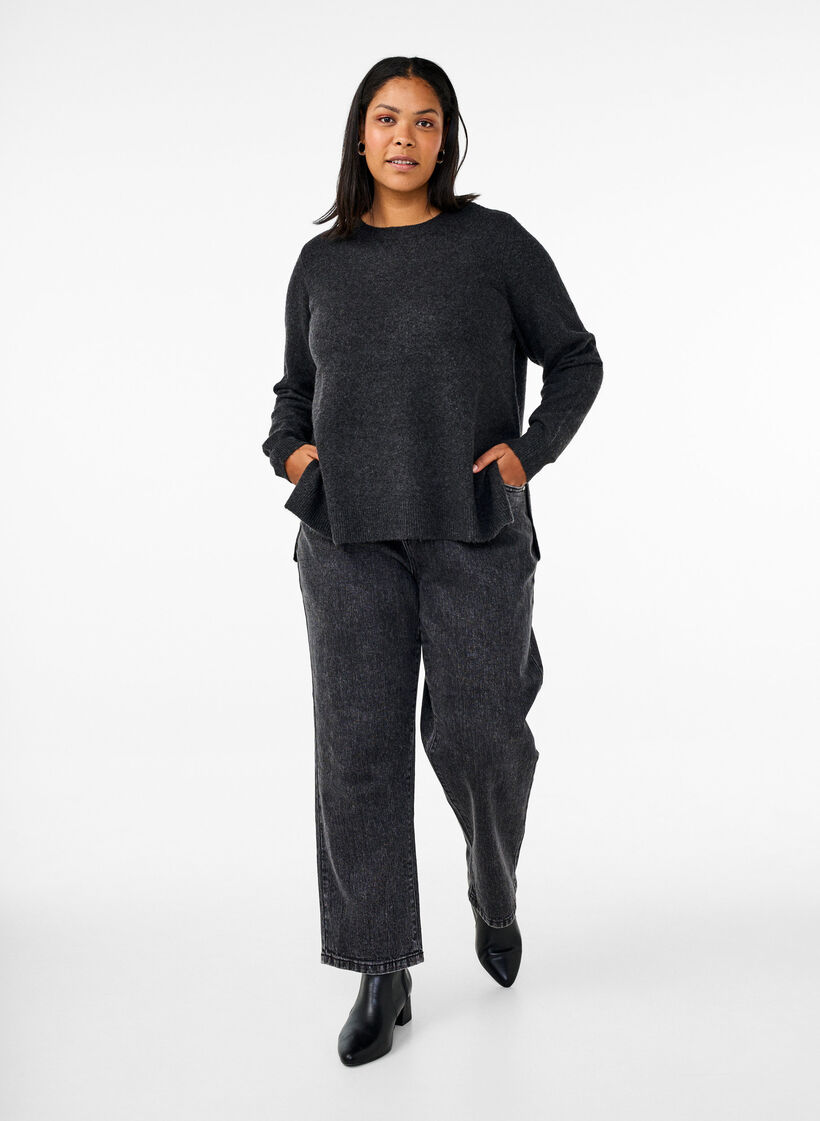 Top z dzianiny welnianej z rozcieciami, Dark Grey Melange, Model image number 2