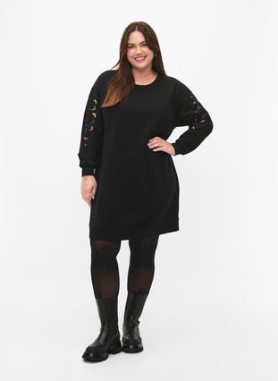 Sukienka dresowa z haftowanymi detalami, Black, Model image number 3