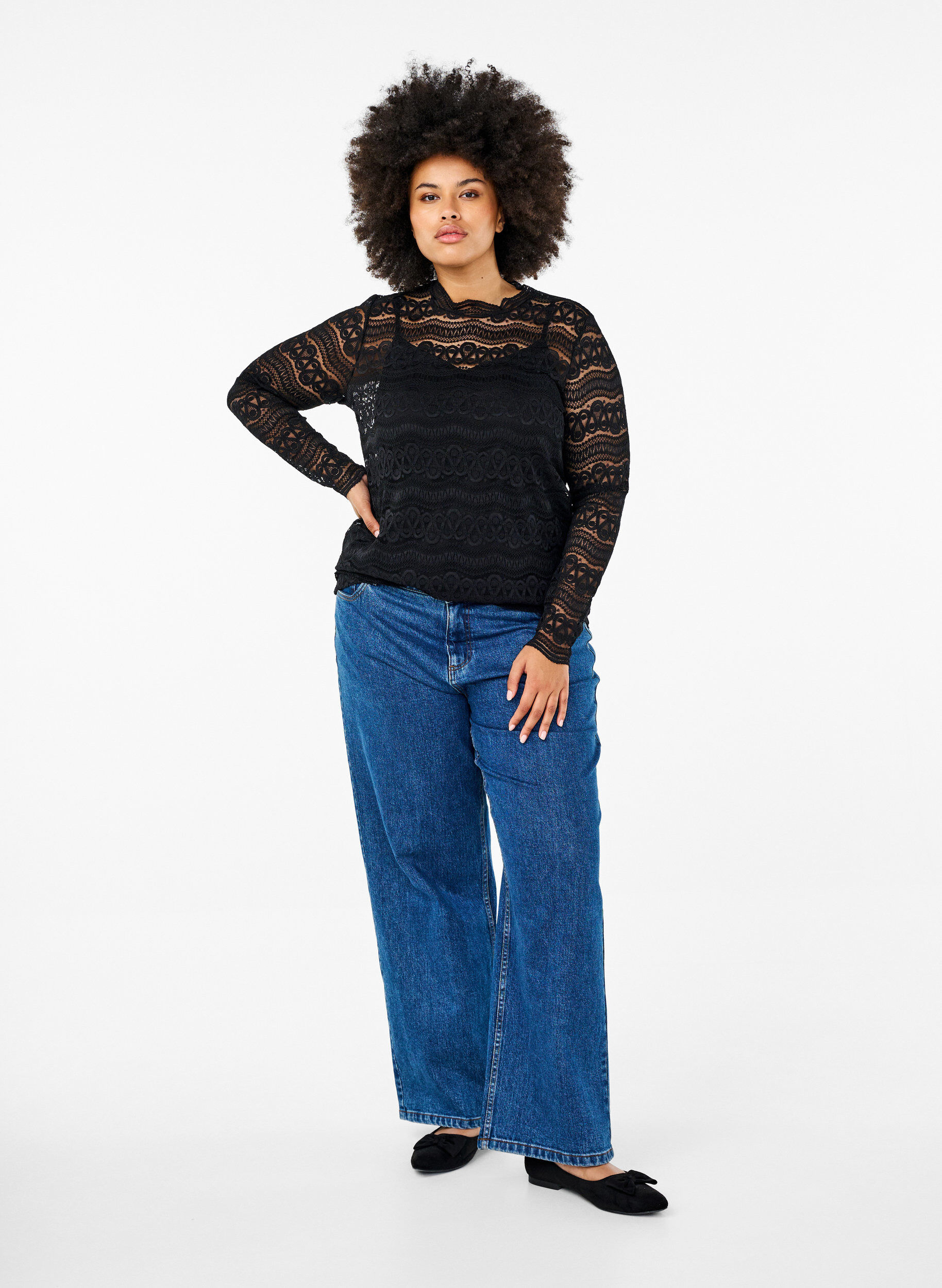 Zizzi Koronkowa bluzka z dlugimi rekawami, Black, Model image number 2