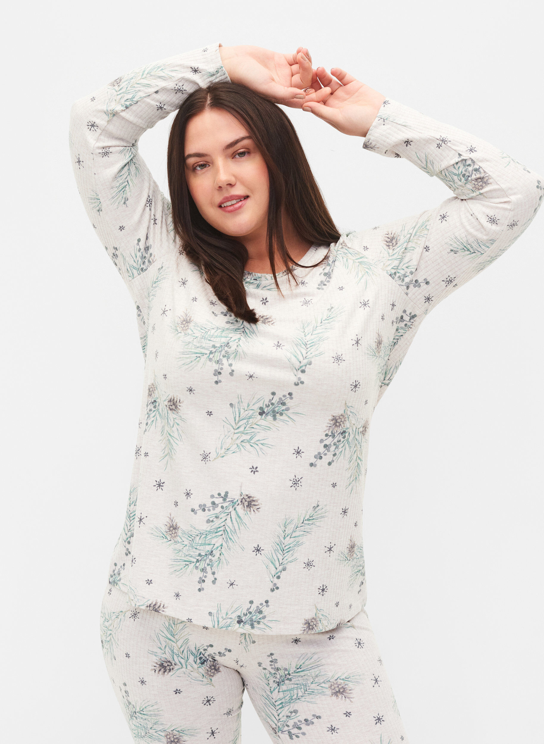 Zizzi Long-sleeved top in rib, Natural M&eacute;l AOP Gran, Model image number 0